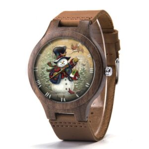 Vintage Snowman Wood Leather Watch. Snowman Wood Watch. Christmas Watch. Man Size Watch. Snowman Jewelry. Snowman Gift. Christmas Gift