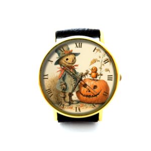 Scarecrow Pumpkin Leather Watch. Halloween Ladies Watch. Scarecrow Watch. Unisex Watch. Pumpkin Jewelry