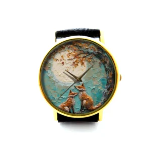 Oil Effect Print Loving Foxes Leather Watch. Fox Unisex Watch. Personalized Watch. Not Real Oil Printing. It's Flat Printing