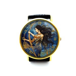 Huntress Artemis Against Starry Sky Leather Watch. Art watch. Unisex Watch. Ladies Watch. Mens Watch. Personalized Watch