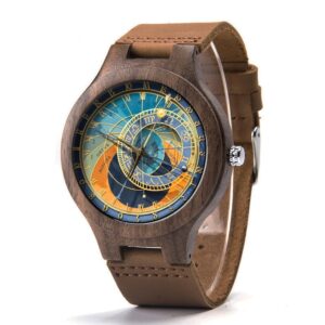 Prague Astronomical Clock Wood Leather Watch. Steampunk Wood Watch. Unisex Watch. Man Size Watch. Steampunk Astrology Jewelry