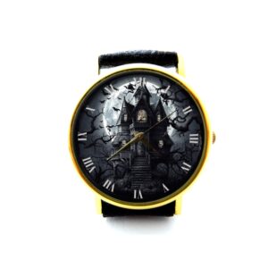 Scary House Leather Watch. Horror House Watch. Bat Moon Watch. Unisex Watch. Scary Jewelry