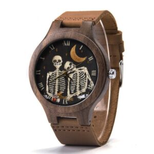 Embroidery Effect Print Skull Lover Wood Leather Watch. Skull Lover Wood Watch. Man Size Watch. Not Real Embroidery. It's Flat Printing