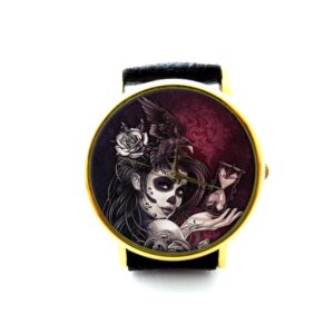 Sugar Skull Girl with Bird Leather Watch. Tattoo Style Ladies Watch. Unisex Watch. Sugar Skull Jewelry