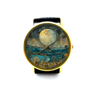 Moon Flower Leather Watch. Full Moon Ladies Watch. Flower Unisex Watch. Vintage Moon Watch. Moon Jewelry