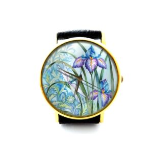 Dragonfly and Iris Leather Watch. Dragonfly and Iris Ladies Watch. Unisex Watch. Iris Jewellery