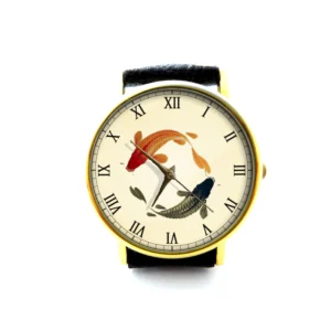 Koi Fish Yin Yang Art Vintage Leather Watch. Unisex Watch. Ladies Watch. Mens Watch. Personalized Watch