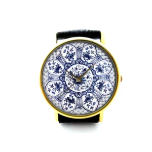 Delft Leather Watch. Delft Accessory. Ladies Watch. Mens Watch. Delft Jewelry. Pattern 1